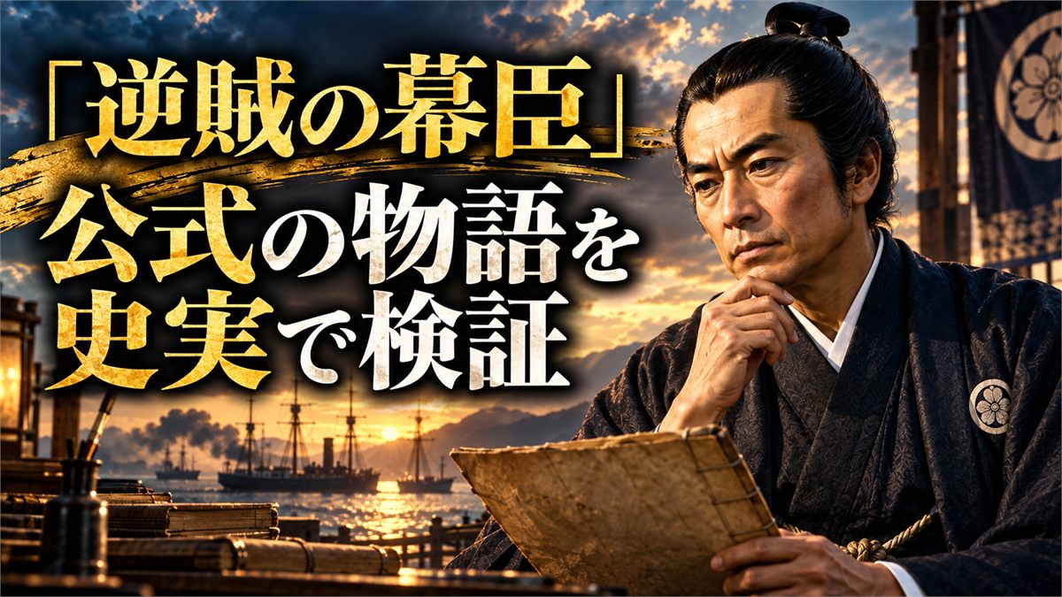 2027年大河ドラマ『逆賊の幕臣』のあらすじと読み方を解説する記事のアイキャッチ。夕暮れの湊に停泊する艦船を背に、書付を手にして考え込む小栗忠順を描いた図