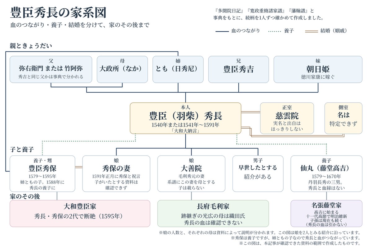 豊臣秀長の家系図。父母ときょうだい、正室・側室、娘2人と男子、養子の豊臣秀保と仙丸(藤堂高吉)を、血のつながり・養子・結婚の線で描き分け、大和豊臣家・長府毛利家・名張藤堂家のその後まで示した図